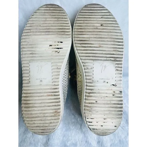 Giuseppe Zanotti Gold/Cream Python Embossed Leather And Leather Double Zip Low T