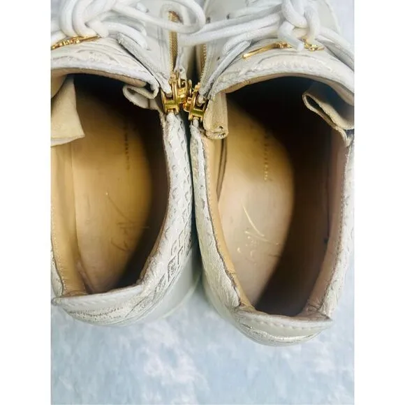Giuseppe Zanotti Gold/Cream Python Embossed Leather And Leather Double Zip Low T