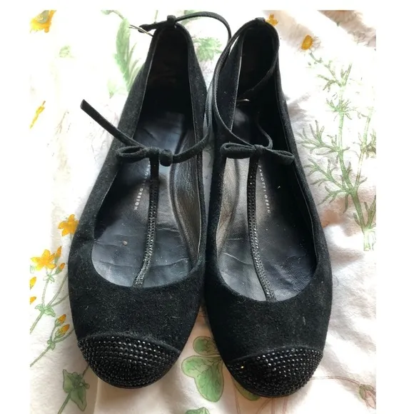 Giuseppe Zanotti T- Strap Crystal Flats, Black