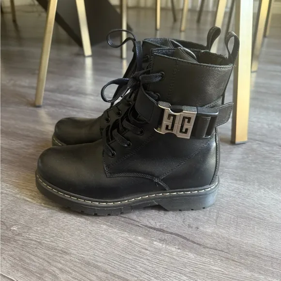 Givenchy Black Leather Combat Boots with Silver Buckle size 33