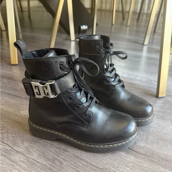 Givenchy Black Leather Combat Boots with Silver Buckle size 33