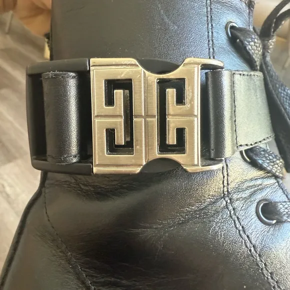 Givenchy Black Leather Combat Boots with Silver Buckle size 33