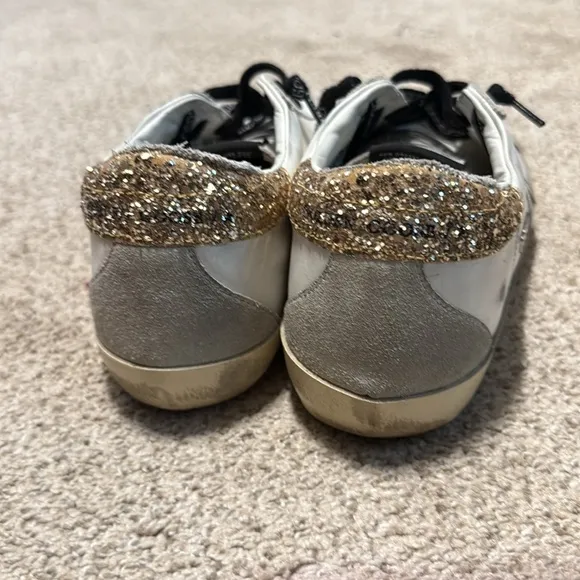 Golden Goose White Sneakers with Black Laces gold glitter back and silver star
