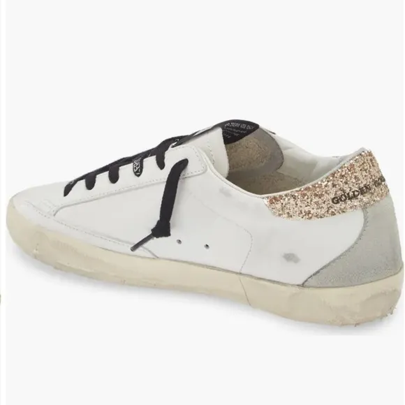 Golden Goose White Sneakers with Black Laces gold glitter back and silver star