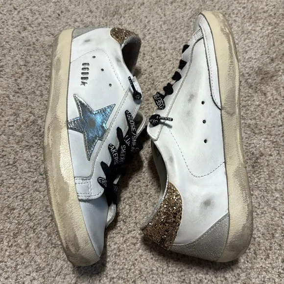 Golden Goose White Sneakers with Black Laces gold glitter back and silver star