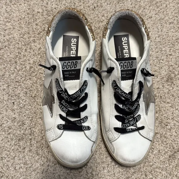 Golden Goose White Sneakers with Black Laces gold glitter back and silver star
