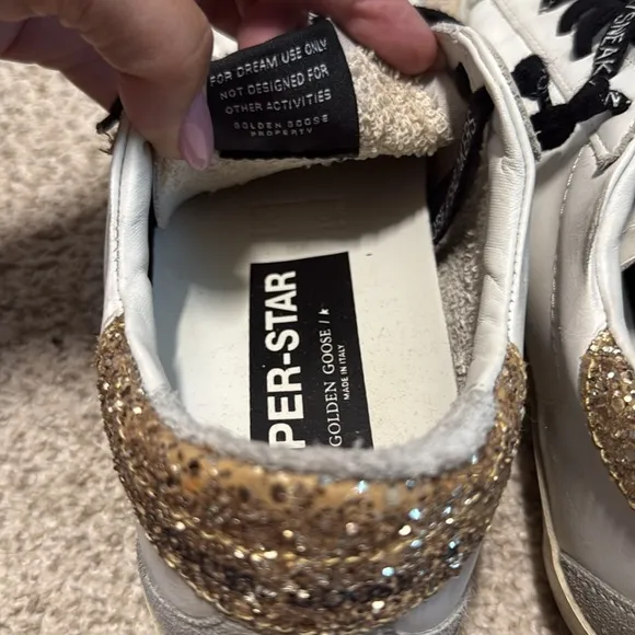 Golden Goose White Sneakers with Black Laces gold glitter back and silver star