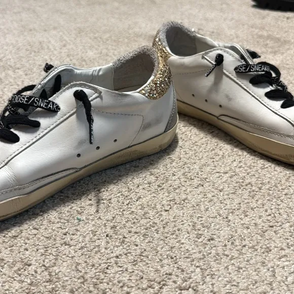 Golden Goose White Sneakers with Black Laces gold glitter back and silver star