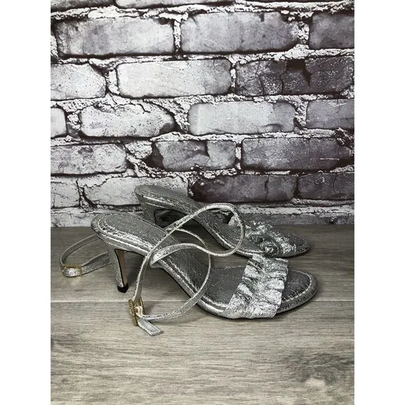GOOD AMERICAN Metallic Silver Leather Strap Heeled Sandals Women Sz 7M US/37.5EU