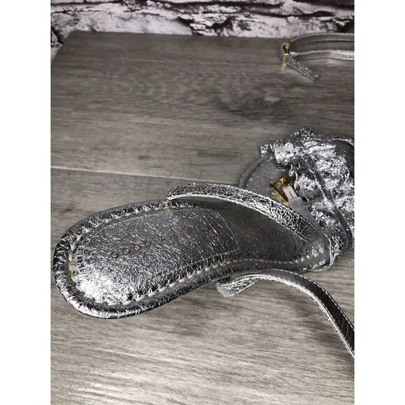 GOOD AMERICAN Metallic Silver Leather Strap Heeled Sandals Women Sz 7M US/37.5EU
