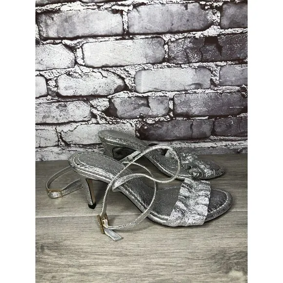 GOOD AMERICAN Metallic Silver Leather Strap Heeled Sandals Women Sz 7M US/37.5EU