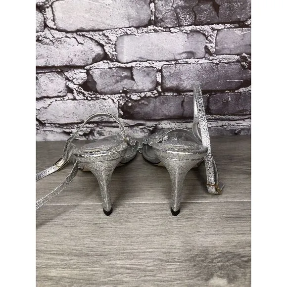 GOOD AMERICAN Metallic Silver Leather Strap Heeled Sandals Women Sz 7M US/37.5EU