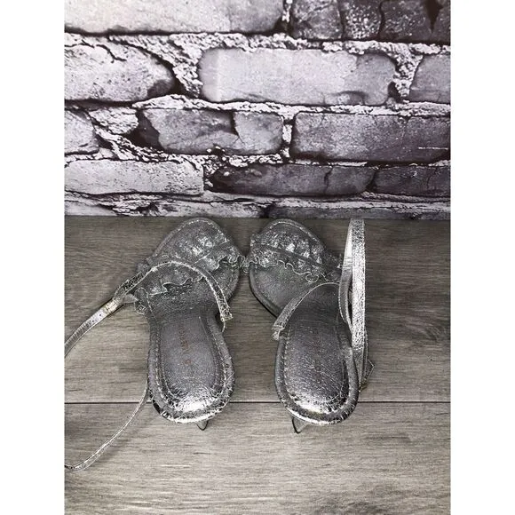 GOOD AMERICAN Metallic Silver Leather Strap Heeled Sandals Women Sz 7M US/37.5EU