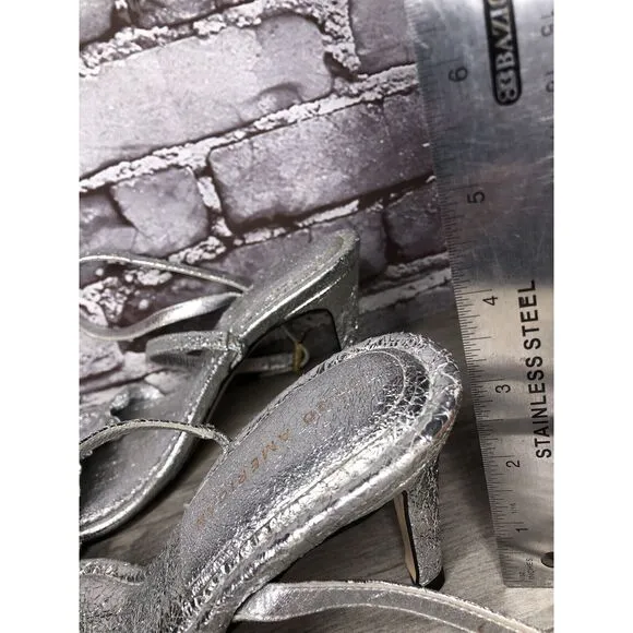 GOOD AMERICAN Metallic Silver Leather Strap Heeled Sandals Women Sz 7M US/37.5EU
