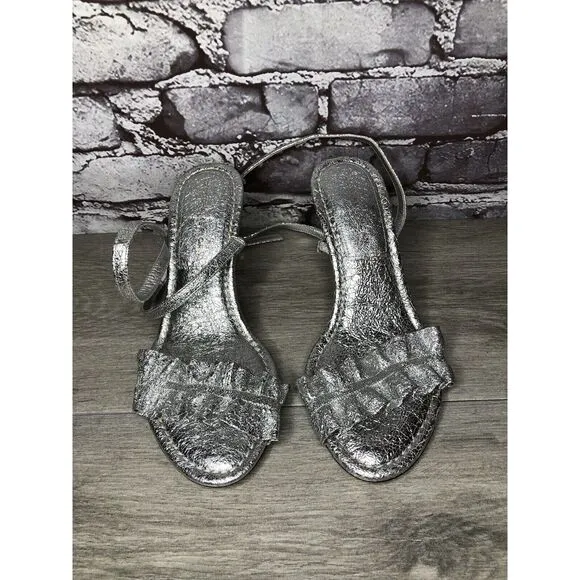 GOOD AMERICAN Metallic Silver Leather Strap Heeled Sandals Women Sz 7M US/37.5EU