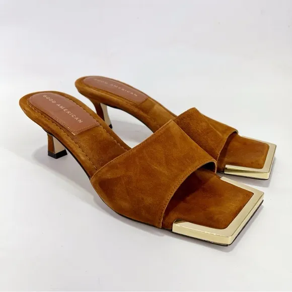 Good American Standout Square Toe Suede Tobacco Sandals Gold Tipped Slip On