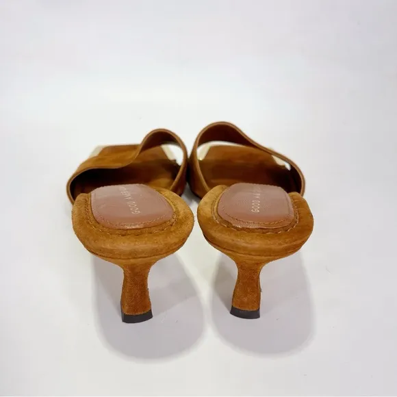Good American Standout Square Toe Suede Tobacco Sandals Gold Tipped Slip On