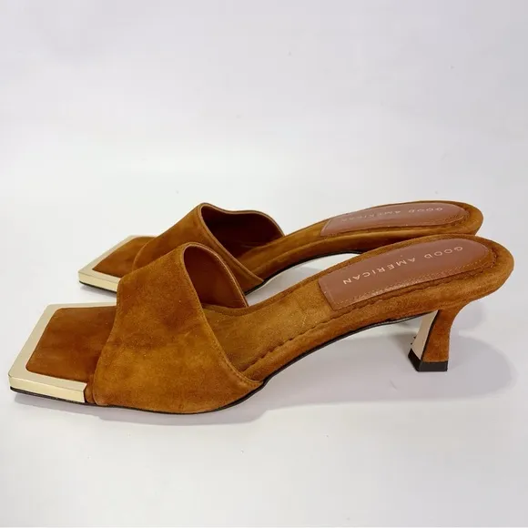 Good American Standout Square Toe Suede Tobacco Sandals Gold Tipped Slip On