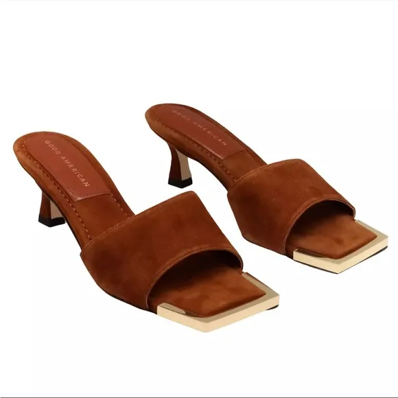 Good American Standout Square Toe Suede Tobacco Sandals Gold Tipped Slip On