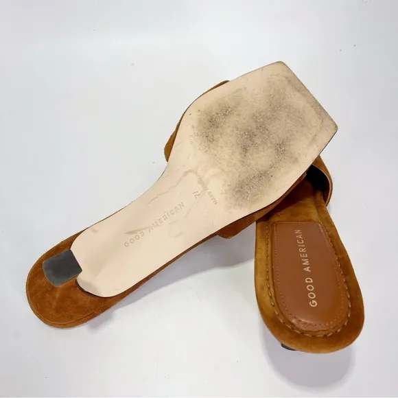 Good American Standout Square Toe Suede Tobacco Sandals Gold Tipped Slip On