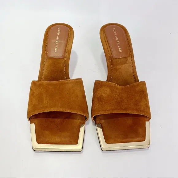 Good American Standout Square Toe Suede Tobacco Sandals Gold Tipped Slip On