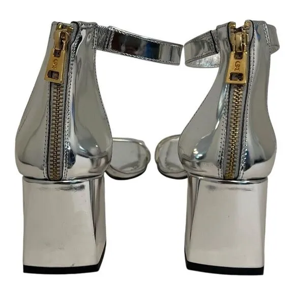 Good American Womens Size 8 Silver Patent Leather Ankle Strap Square Toe Sandals