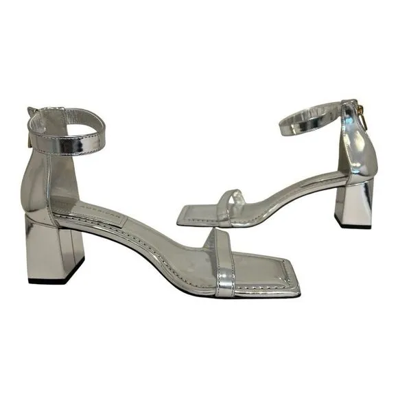 Good American Womens Size 8 Silver Patent Leather Ankle Strap Square Toe Sandals
