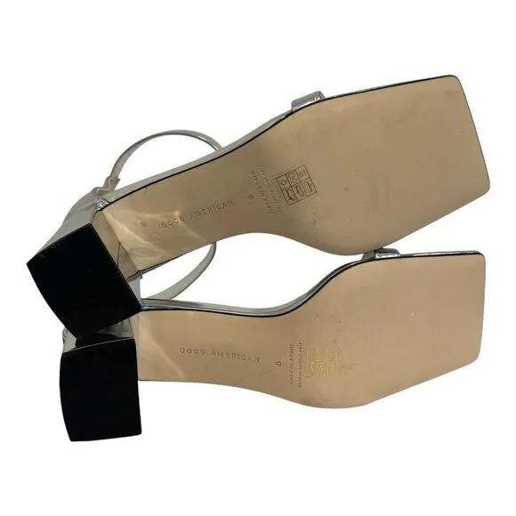 Good American Womens Size 8 Silver Patent Leather Ankle Strap Square Toe Sandals