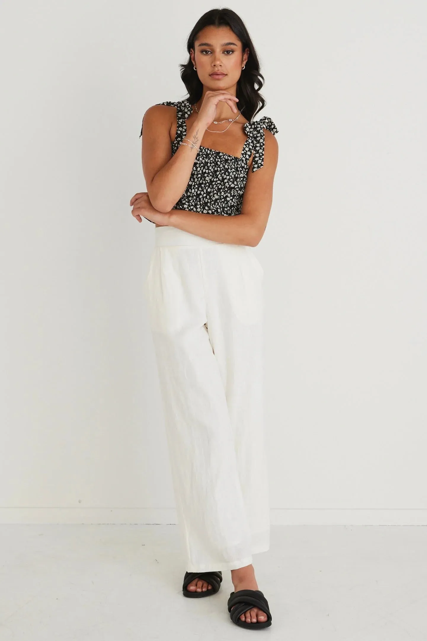 Guardian White Linen Pleat Front Wide Leg Pant - White
