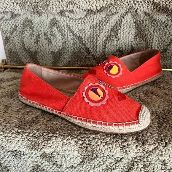 GUC Kate Spade Grenada Orange Canvas Glasses Lips Flat Espadrilles Size 7 B
