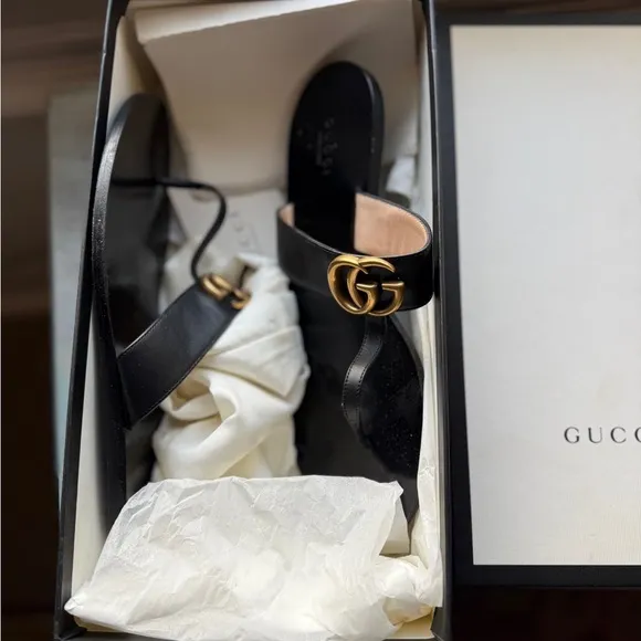 Gucci Black and Gold T-Strap Sandals