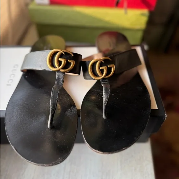 Gucci Black and Gold T-Strap Sandals