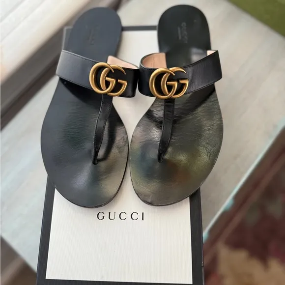 Gucci Black and Gold T-Strap Sandals
