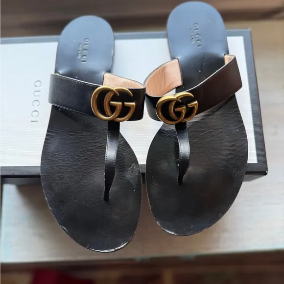Gucci Black and Gold T-Strap Sandals