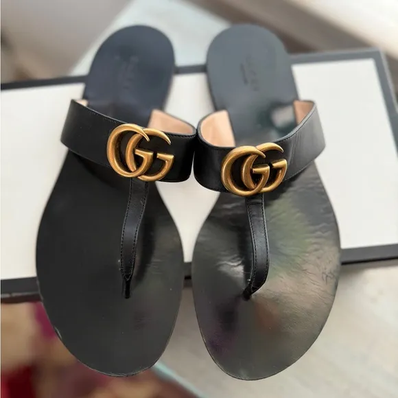 Gucci Black and Gold T-Strap Sandals