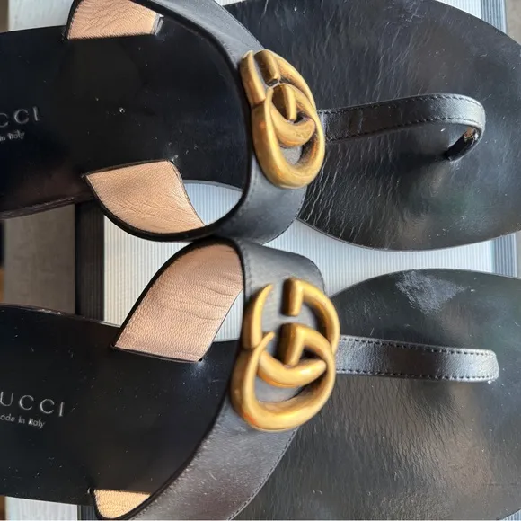 Gucci Black and Gold T-Strap Sandals