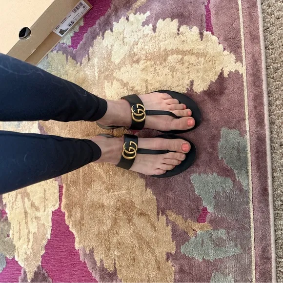 Gucci Black and Gold T-Strap Sandals