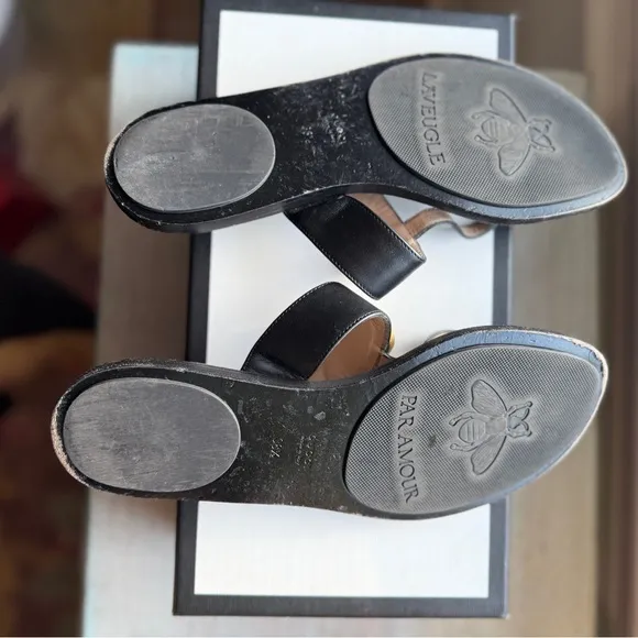 Gucci Black and Gold T-Strap Sandals
