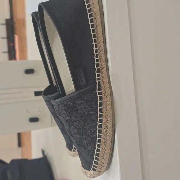 Gucci Black Canvas and Leather Trim Espadrilles. Size 37 1/2 Rubber Sole