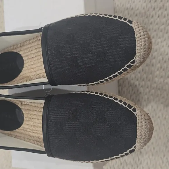 Gucci Black Canvas and Leather Trim Espadrilles. Size 37 1/2 Rubber Sole