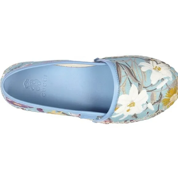 Gucci Blue and White Espadrilles Floral Slip-On