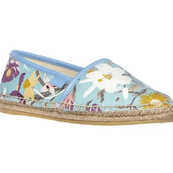 Gucci Blue and White Espadrilles Floral Slip-On
