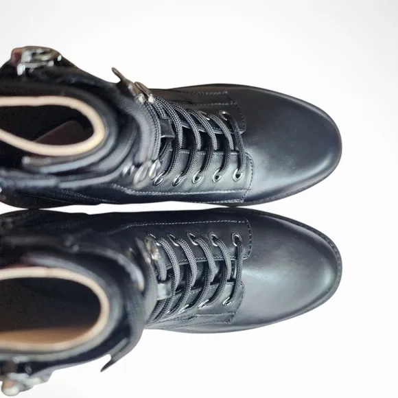 Guess Black Combat Boots Side Zip Lace Up Lug Sole Ankle Boots 7.5 New in Box