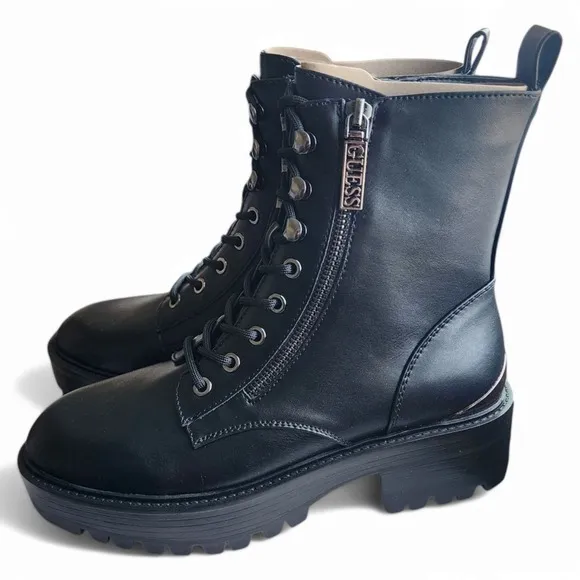 Guess Black Combat Boots Side Zip Lace Up Lug Sole Ankle Boots 7.5 New in Box