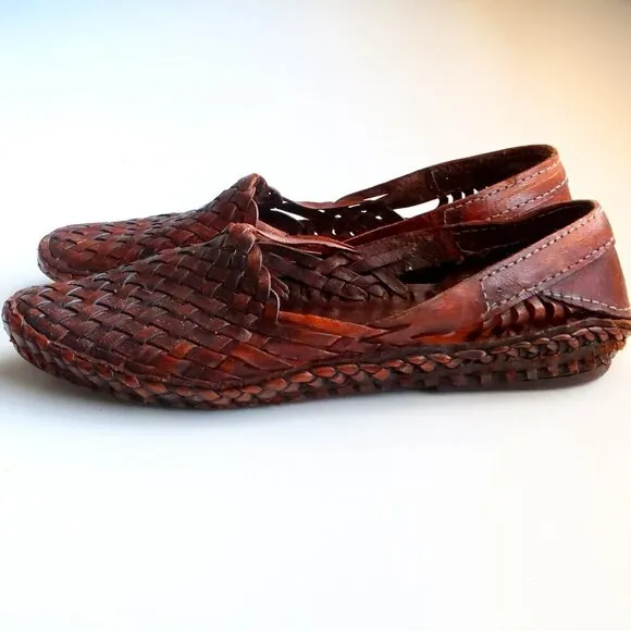 Handmade Hand-crafted Brown Woven Leather Slip-on Flats Loafers Men's Shoes 8