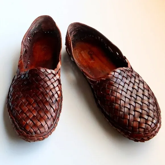 Handmade Hand-crafted Brown Woven Leather Slip-on Flats Loafers Men's Shoes 8