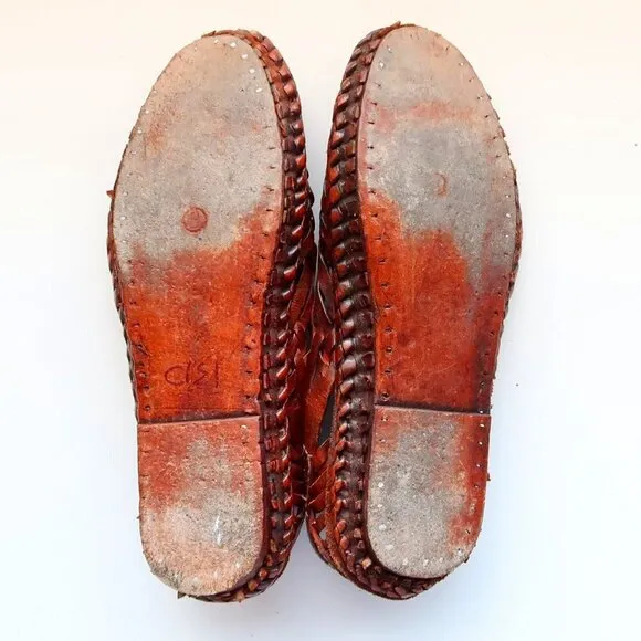 Handmade Hand-crafted Brown Woven Leather Slip-on Flats Loafers Men's Shoes 8