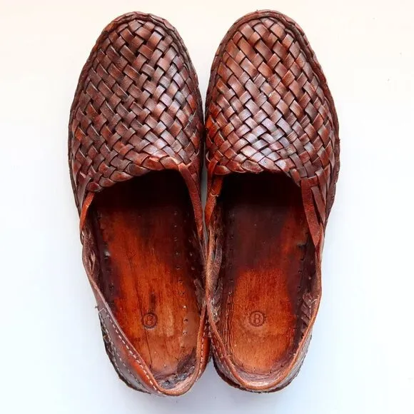 Handmade Hand-crafted Brown Woven Leather Slip-on Flats Loafers Men's Shoes 8