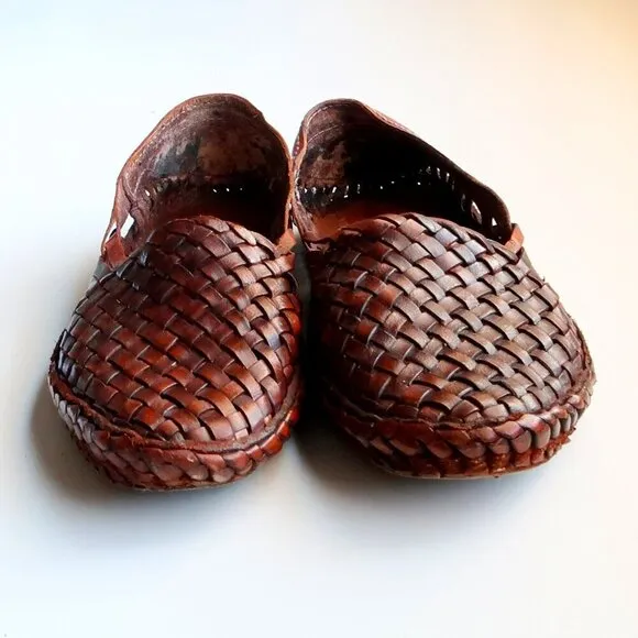 Handmade Hand-crafted Brown Woven Leather Slip-on Flats Loafers Men's Shoes 8