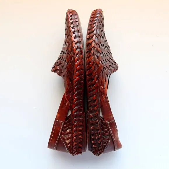 Handmade Hand-crafted Brown Woven Leather Slip-on Flats Loafers Men's Shoes 8